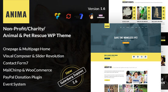 Anima - Chủ đề từ thiện phi lợi nhuận WordPress dành cho cứu hộ thú cưng và nơi trú ẩn động vật