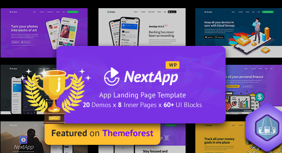 App Landing Page WordPress Theme for Mobile Application Software Design & Development Site - Nextapp