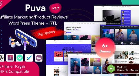 Puva - Đánh giá sản phẩm liên kết & blog trực tuyến Elementor WordPress Theme