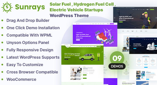 Sunrays - Nhiên liệu mặt trời, Pin nhiên liệu hydro, Chủ đề WordPress khởi nghiệp xe điện